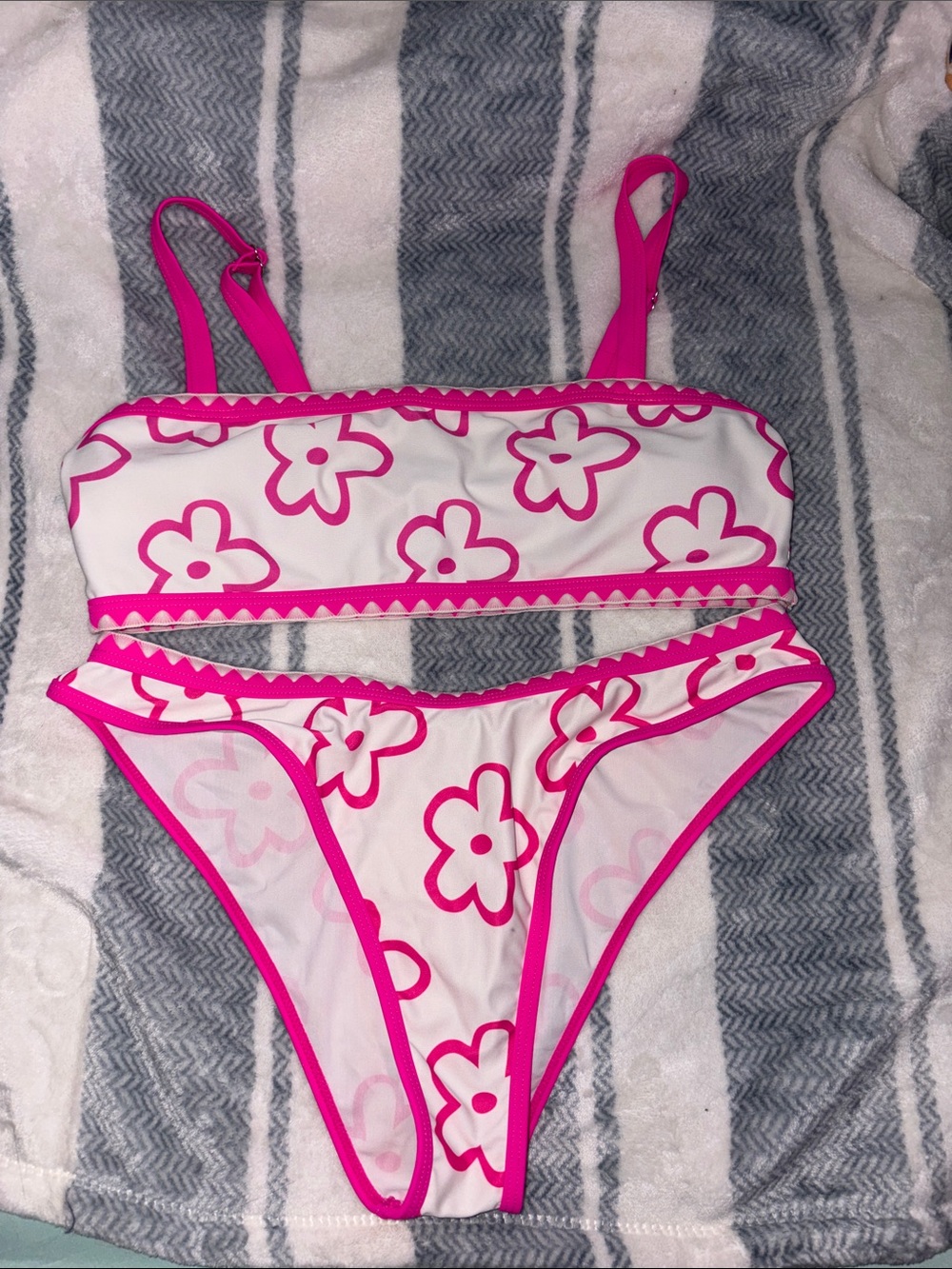 SHEIN White and Hot Pink Floral Bandeau Bikini Set